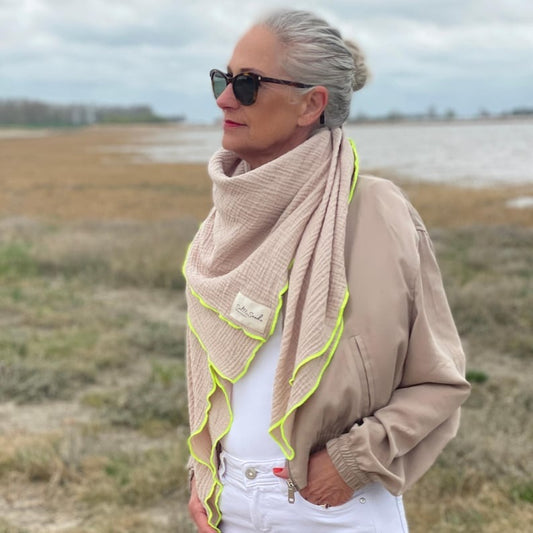 Musselin Tuch Damen l Beige mit Neon Gelb