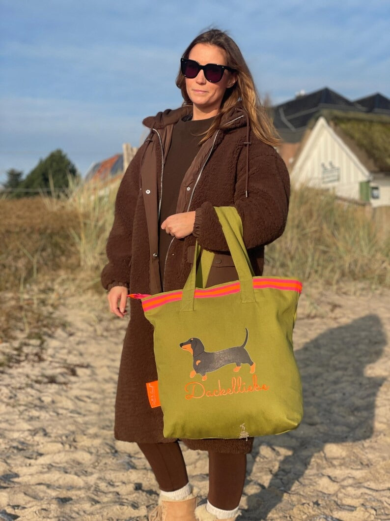 Canvas Shopper Tasche oliv Dackelliebe