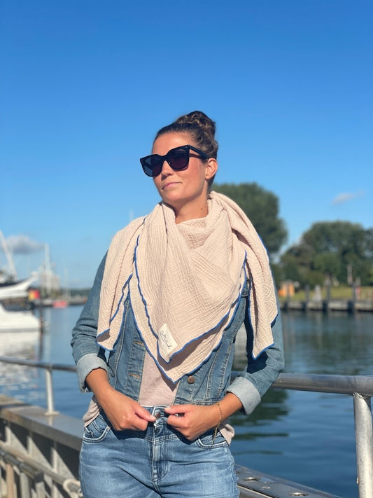 Musselin Tuch Damen l Beige mit Blau