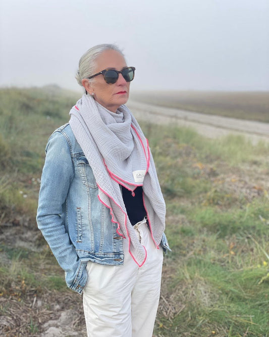 Musselin Tuch Damen l Grau mit Neon Pink