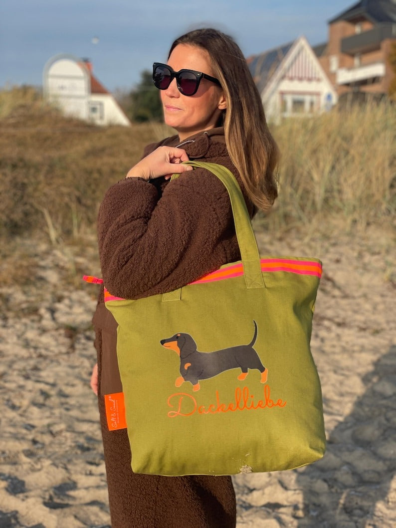 Canvas Shopper Tasche oliv Dackelliebe