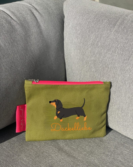 Kosmetiktasche aus Baumwoll Canvas l Oliv Dackelliebe