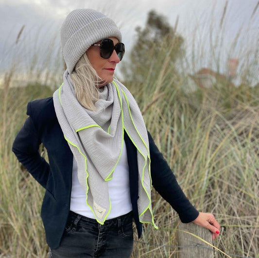 Musselin Tuch Damen l Grau mit Neon Gelb