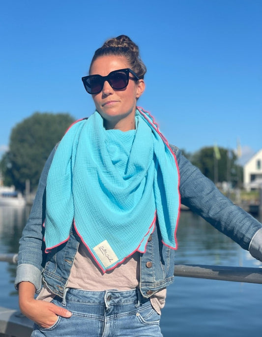 Musselin Tuch Damen l Türkis mit Neon Pink