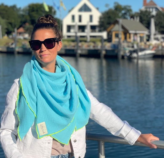 Musselin Tuch Damen l Türkis mit Neon Gelb